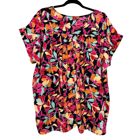 Women Floral V-Neck Top L Boho Vibrant Tropical Flowy Beachy Cruise Resort - Picture 2 of 12